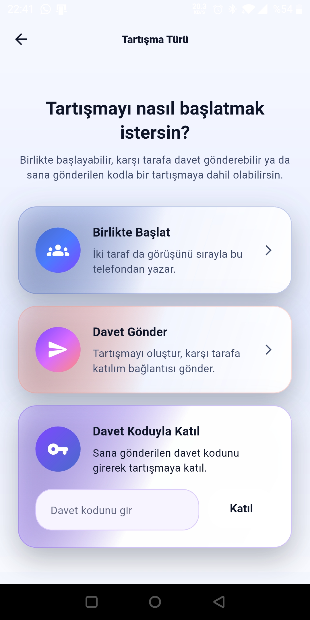 Kim Haklı? tartışma türü seçme ekranı