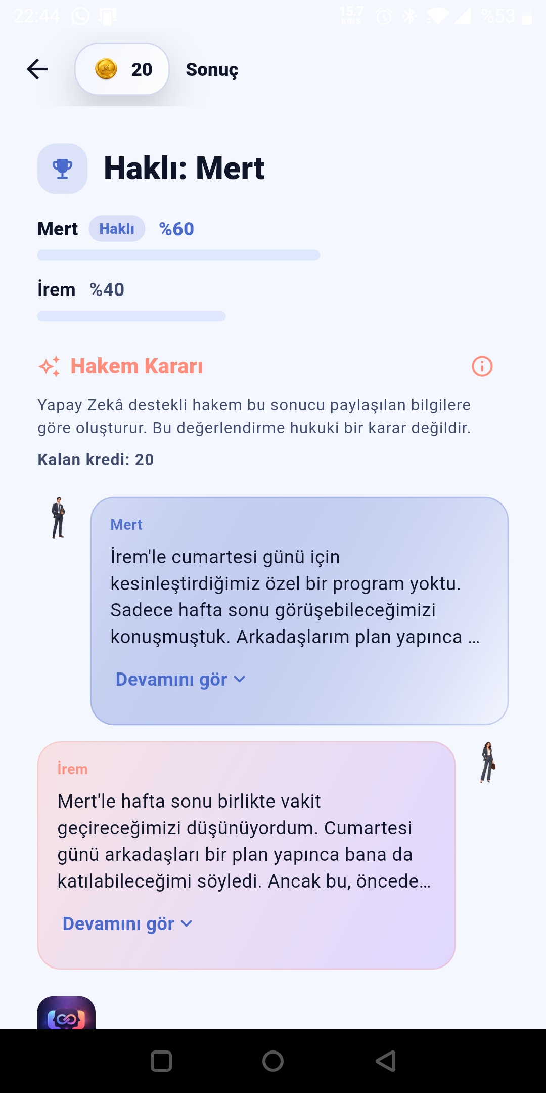 Kim Haklı? sonuç ekranında skor ve karar özeti