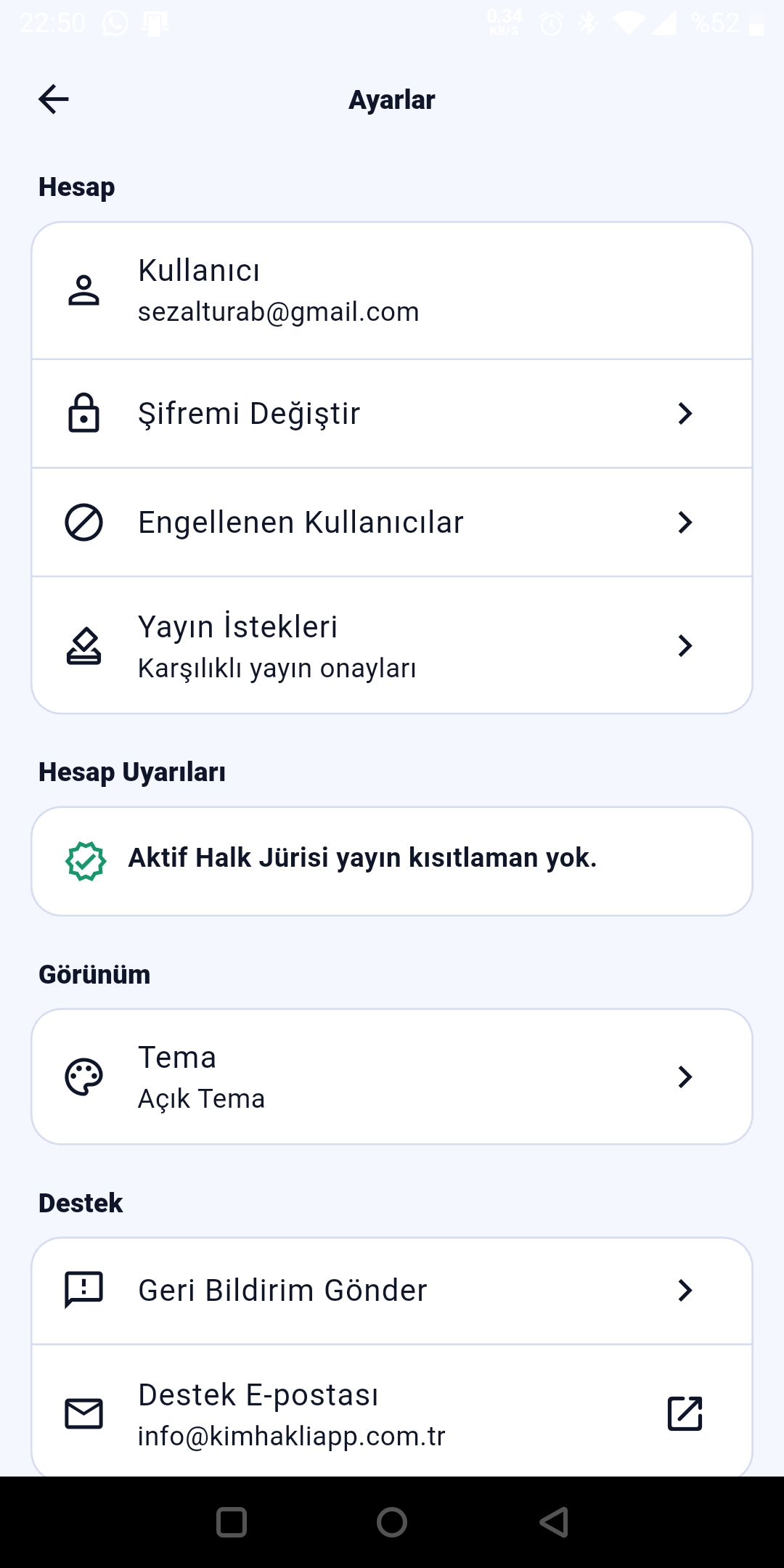 Kim Haklı? profil ve geri bildirim ekranı